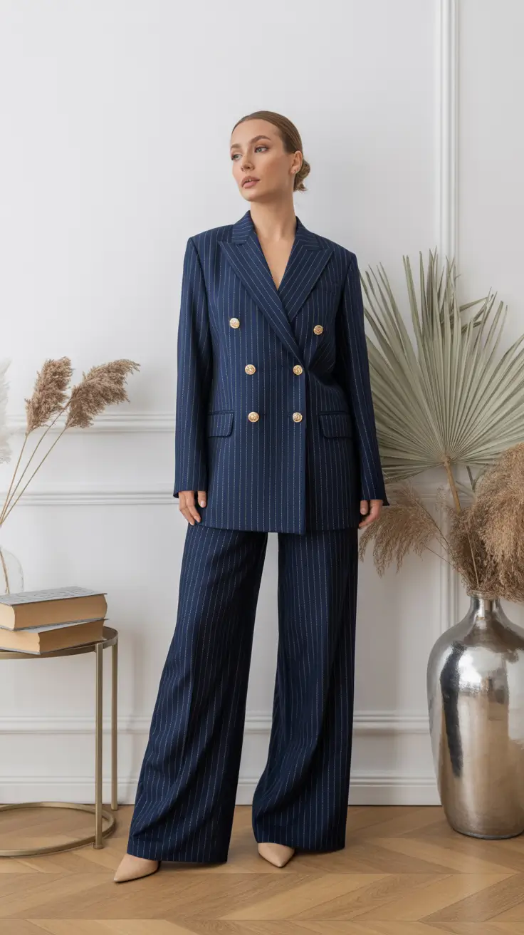 spring formal outfits pants Navy Pinstripes With Golden Power