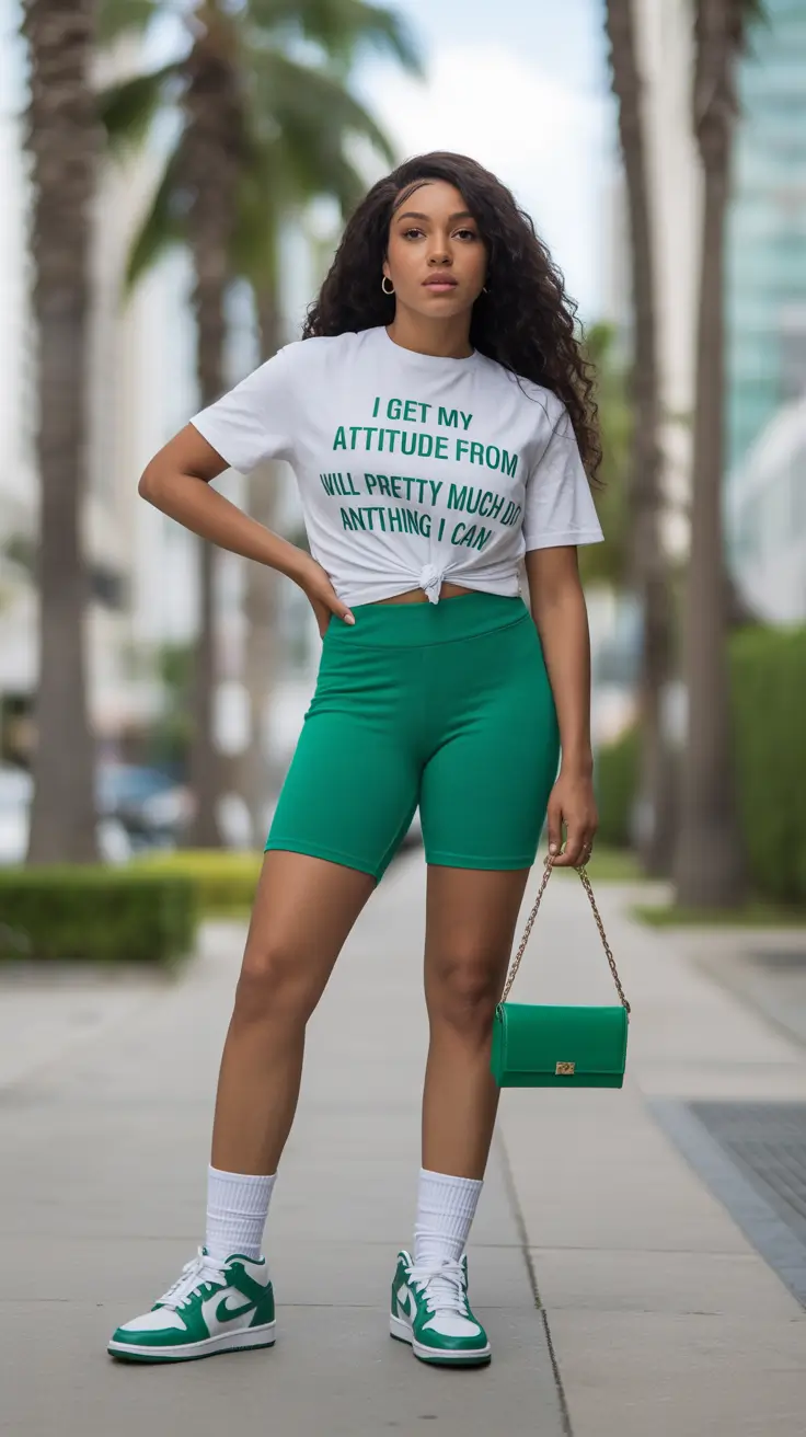 gorgeous spring workout outfits 2026 Bright Graphic Tee and Green Shorts for Playful Spring Energy