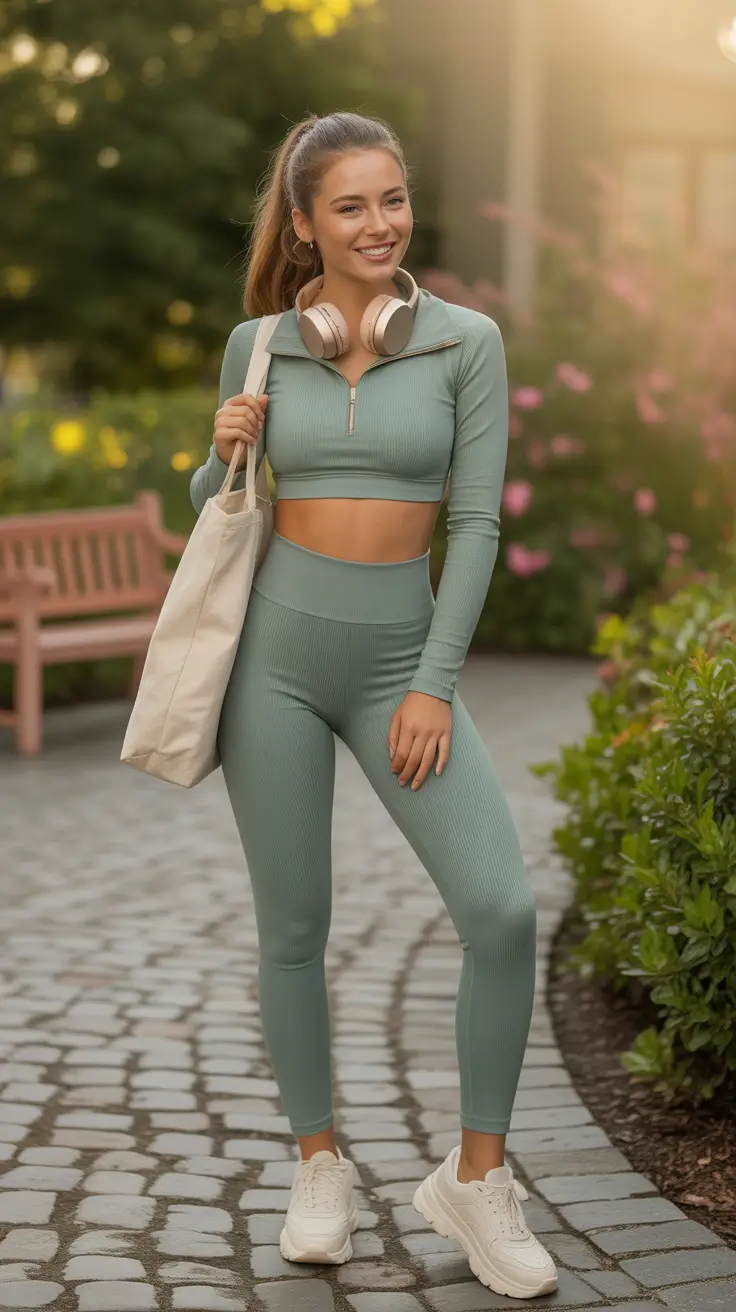 gorgeous spring workout outfits 2026 Mist-Green Ribbed Two-Piece for Soft Spring Mornings