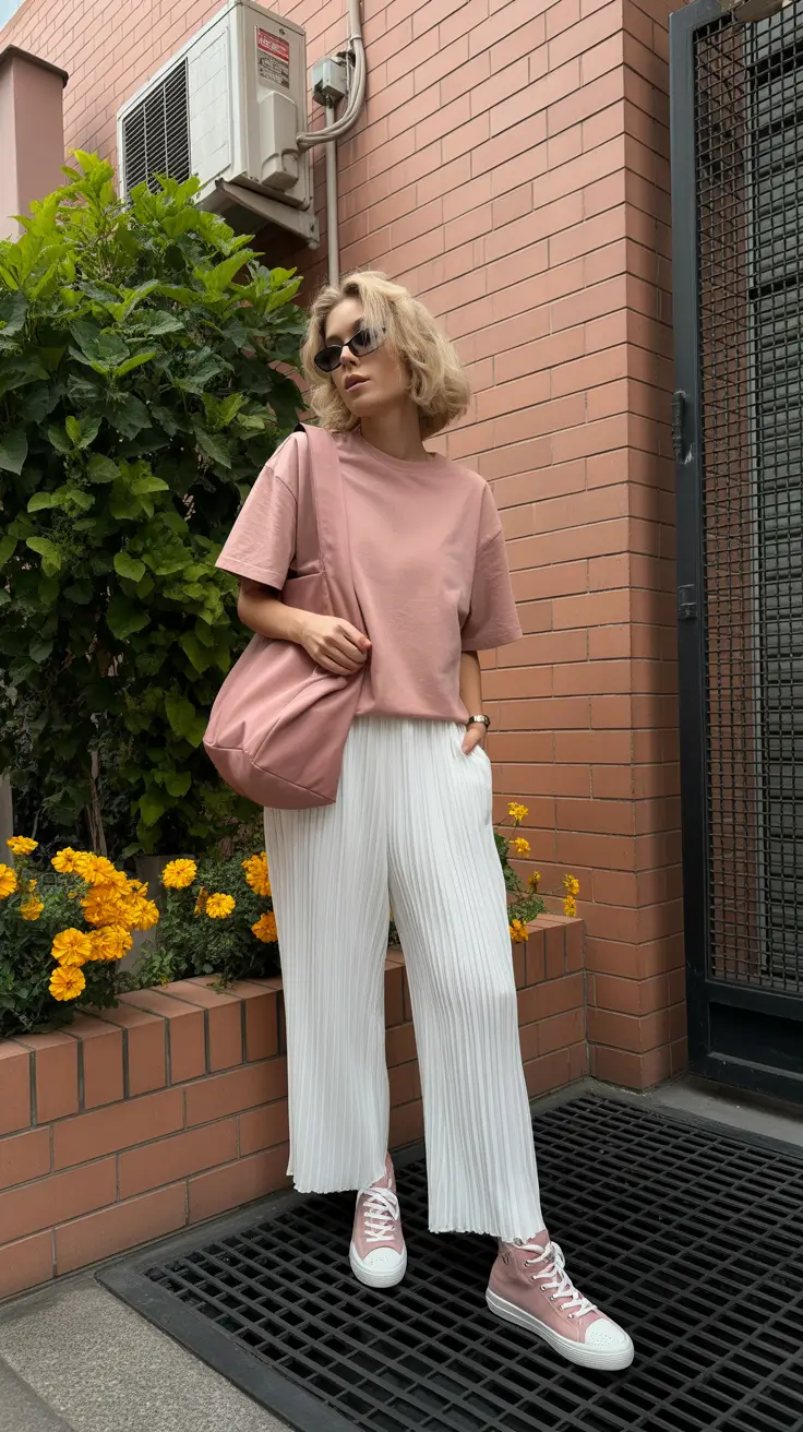 must-have sneakers spring outfit 2026 Soft Monochrome with Dusty Pink High-Tops