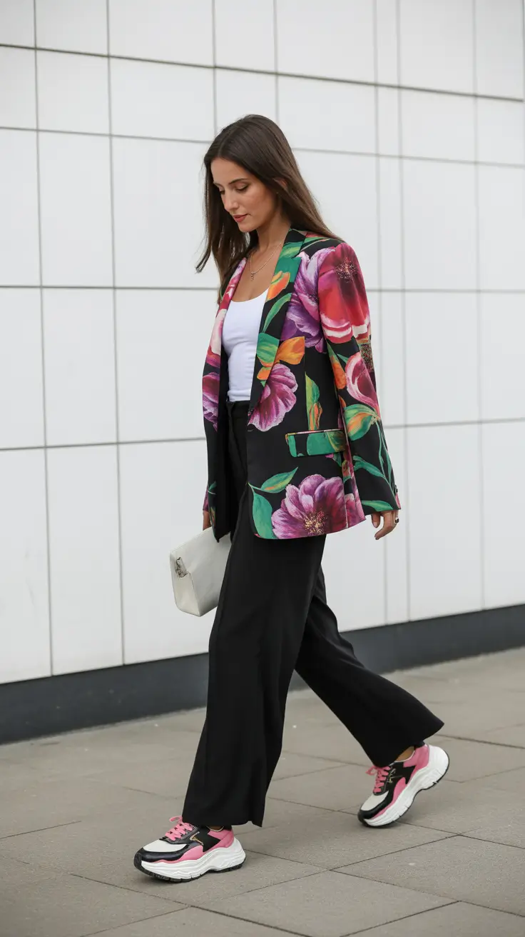 must-have sneakers spring outfit 2026 Bold Florals with Chunky Pink Sneakers