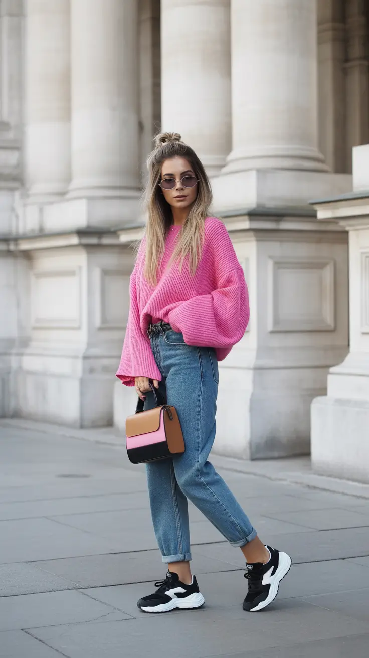 must-have sneakers spring outfit 2026 Bubblegum Pink Knit with Statement Black Sneakers