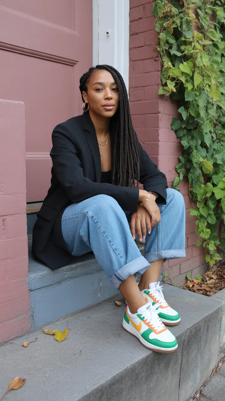 must-have sneakers spring outfit 2026 Relaxed Tailoring with Green and Yellow Retro Sneakers