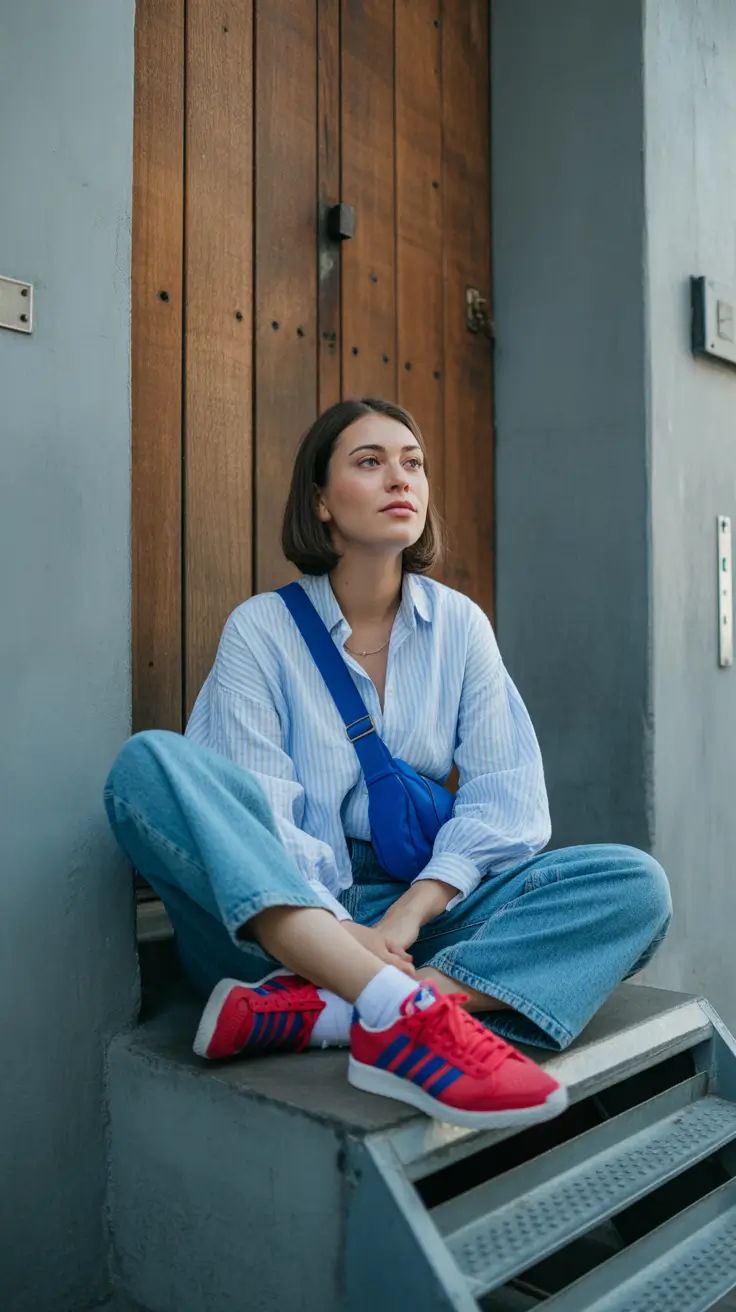 must-have sneakers spring outfit 2026 Laid-Back Blues with Bright Red Adidas
