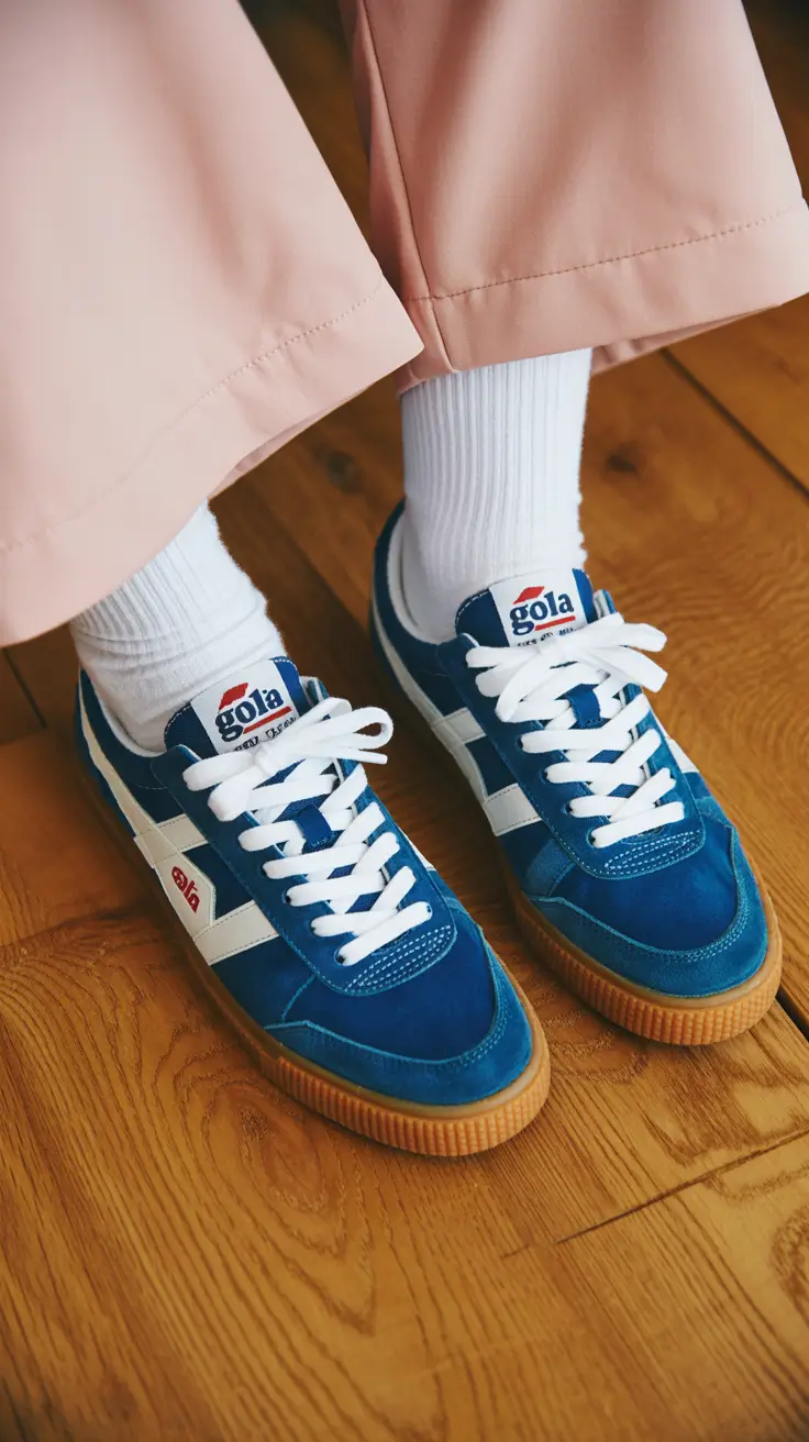 must-have sneakers spring outfit 2026 Retro Blue Suede with Soft Peach Tones