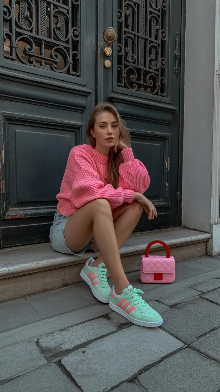 must-have sneakers spring outfit 2026 Mint and Pink Adidas with Weekend Softness
