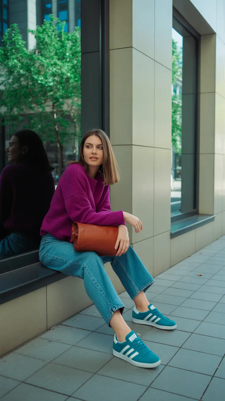 must-have sneakers spring outfit 2026 Teal Adidas with Rich Purple Knit