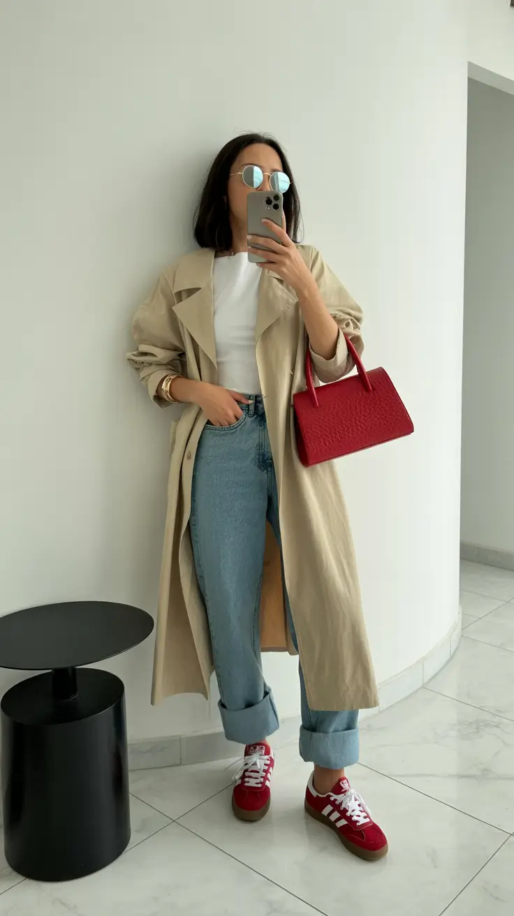 must-have sneakers spring outfit 2026 Classic Trench Meets Bold Red Adidas