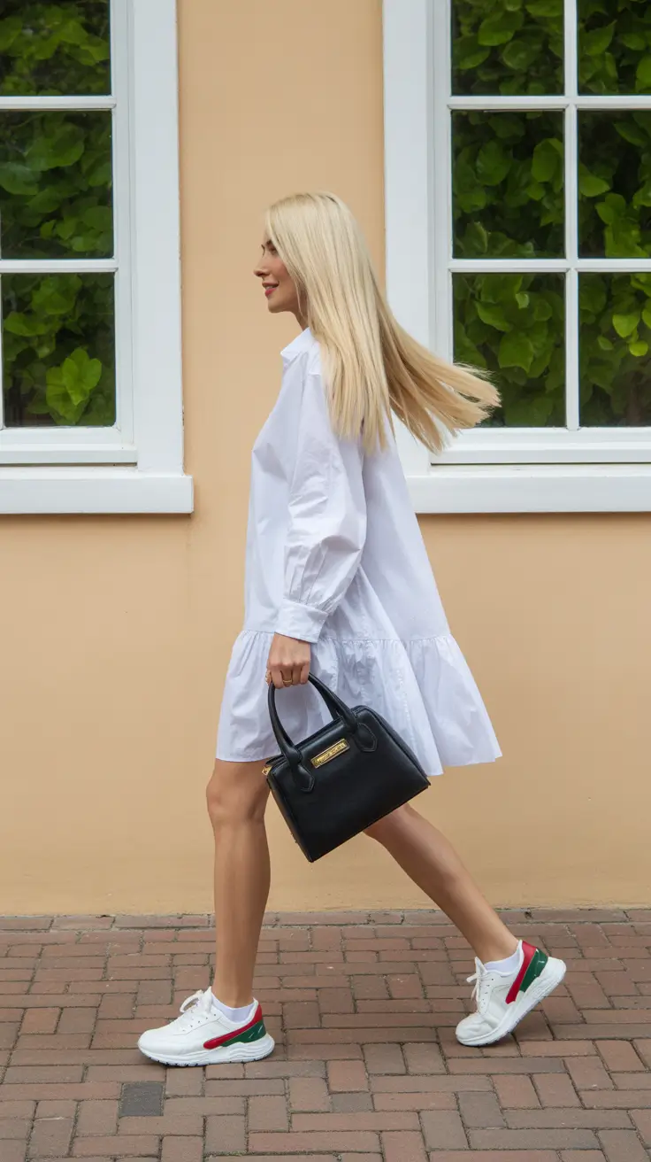 must-have sneakers spring outfit 2026 White Dress Simplicity with Retro Color Sneakers