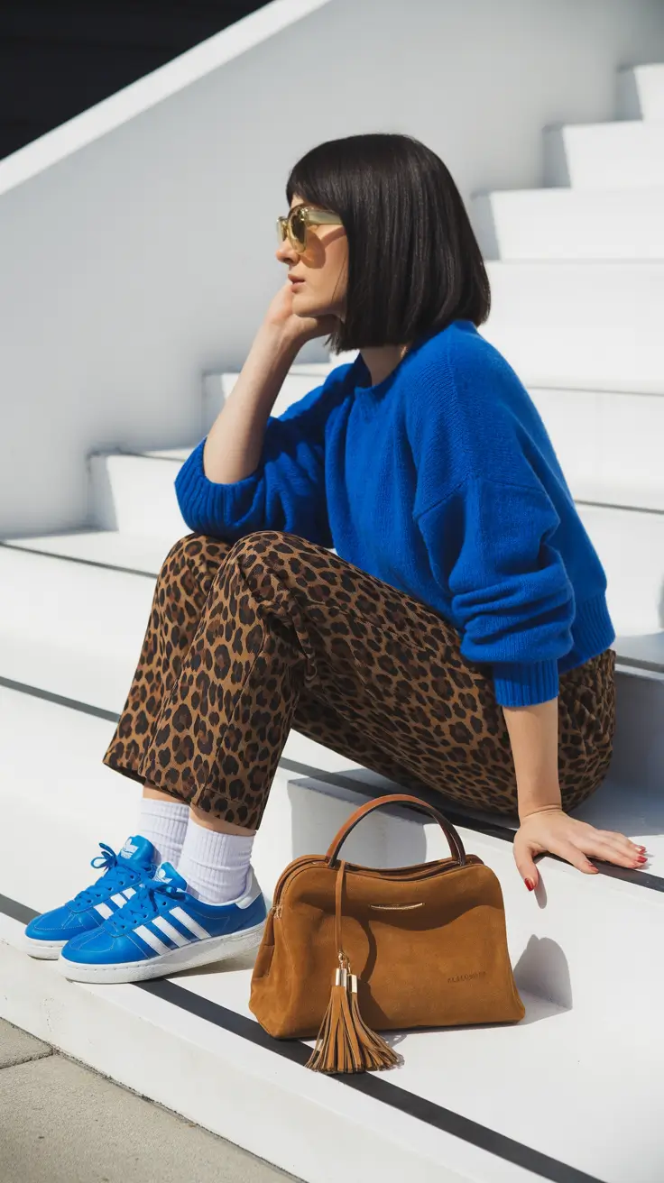 must-have sneakers spring outfit 2026 Bold Blue Knit with Leopard and Adidas Contrast