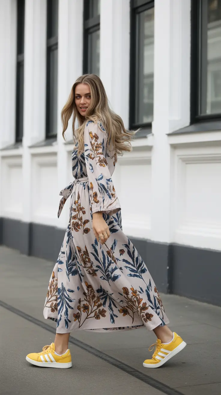 must-have sneakers spring outfit 2026 Floral Dress Magic with Bright Yellow Adidas