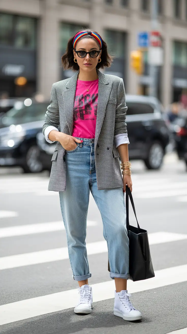 must-have sneakers spring outfit 2026 Color Pop Street Style with Classic White High-Tops