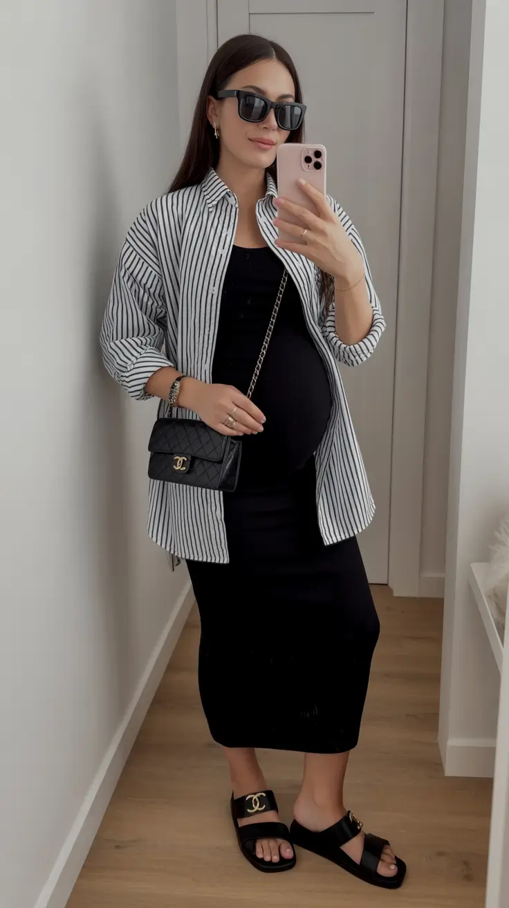 must-have spring outfit for pregnant women 2026 - Striped Layers with Chic Black Foundations