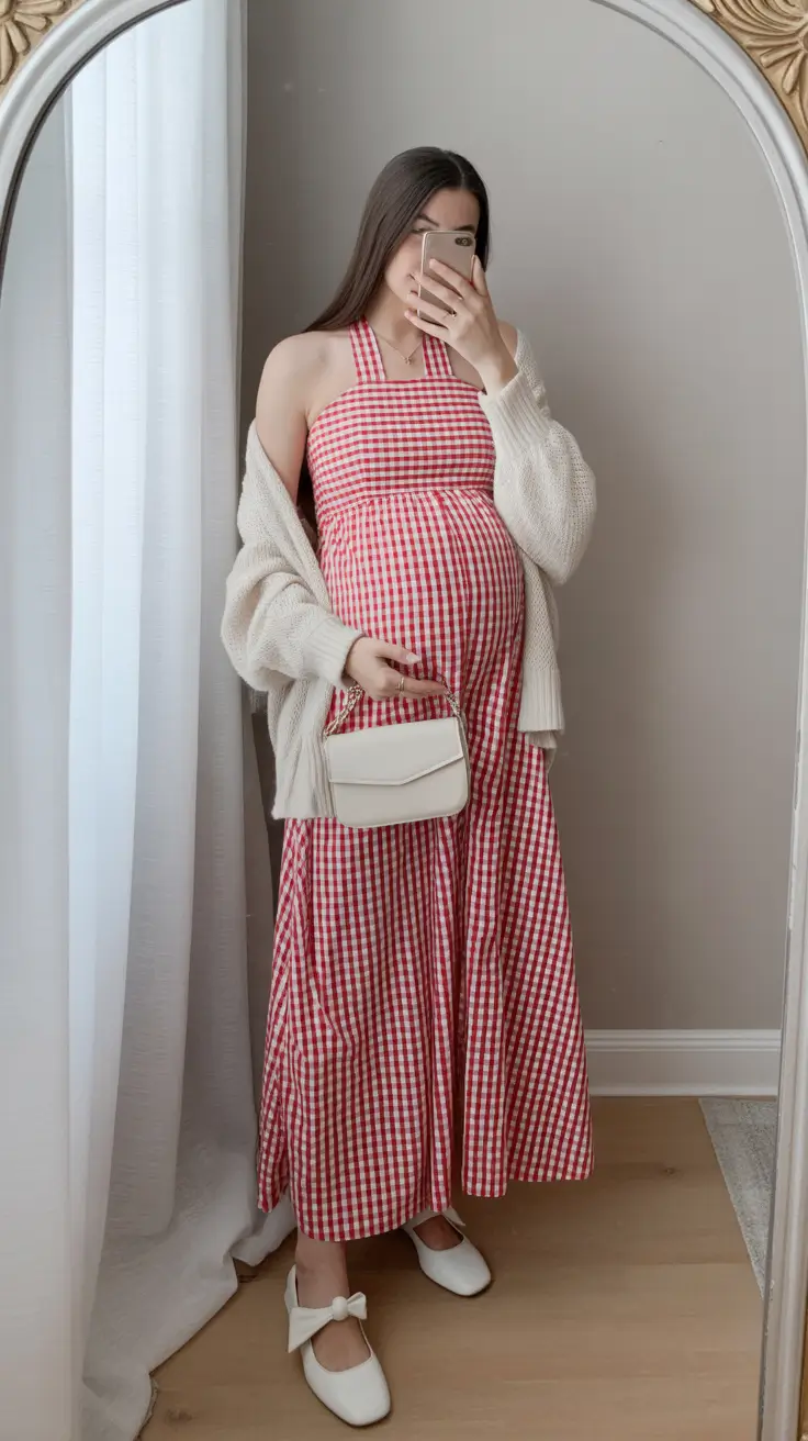 must-have spring outfit for pregnant women 2026 - Gingham Delight with Soft Spring Layers