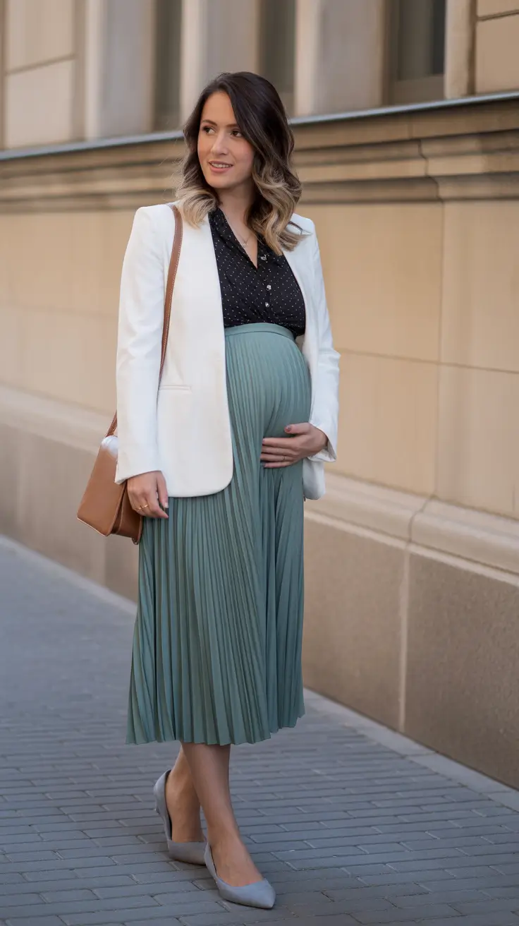 must-have spring outfit for pregnant women 2026 - Soft Professionalism with Pleated Grace