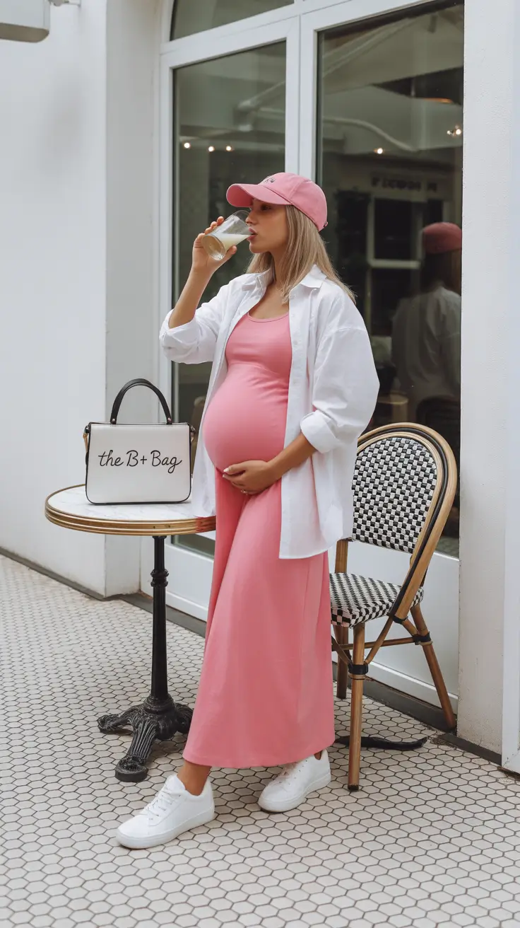 must-have spring outfit for pregnant women 2026 - Sporty Pink Layers for Easy Spring Outsiders