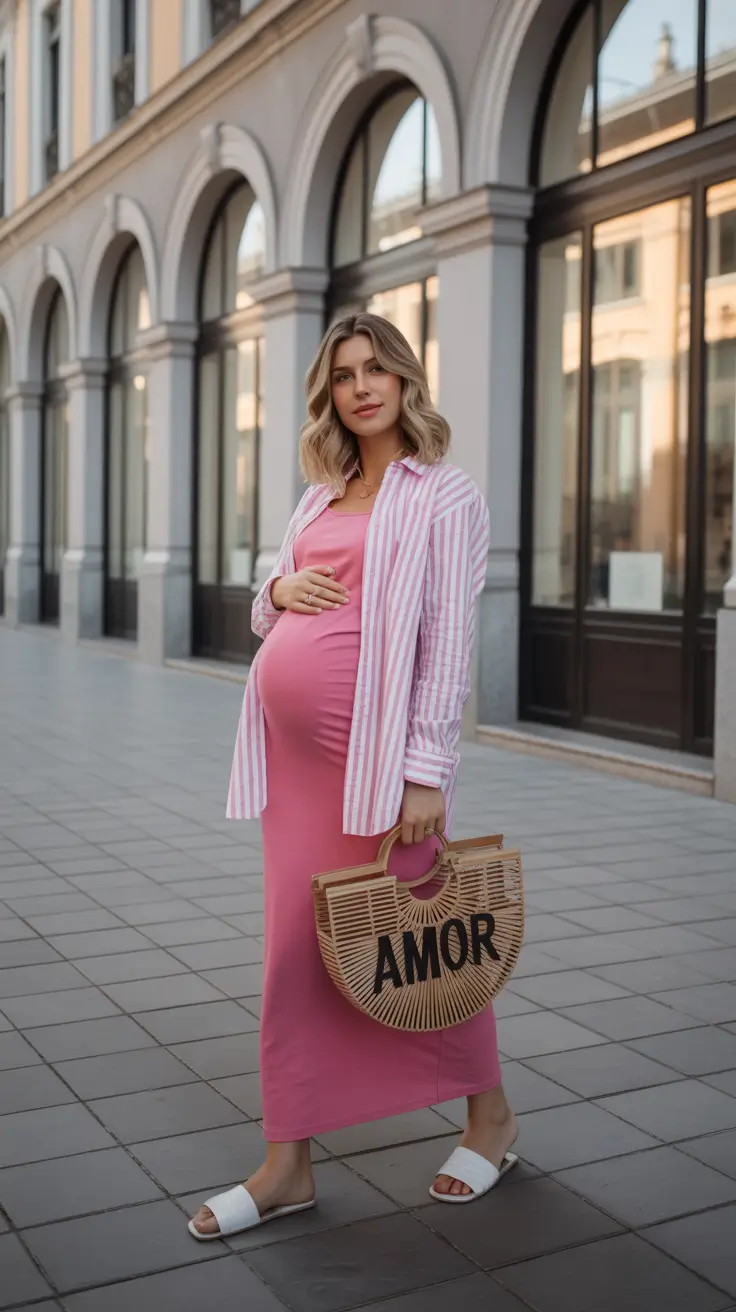 must-have spring outfit for pregnant women 2026 - Layered Pink Tones with Breezy Stripes