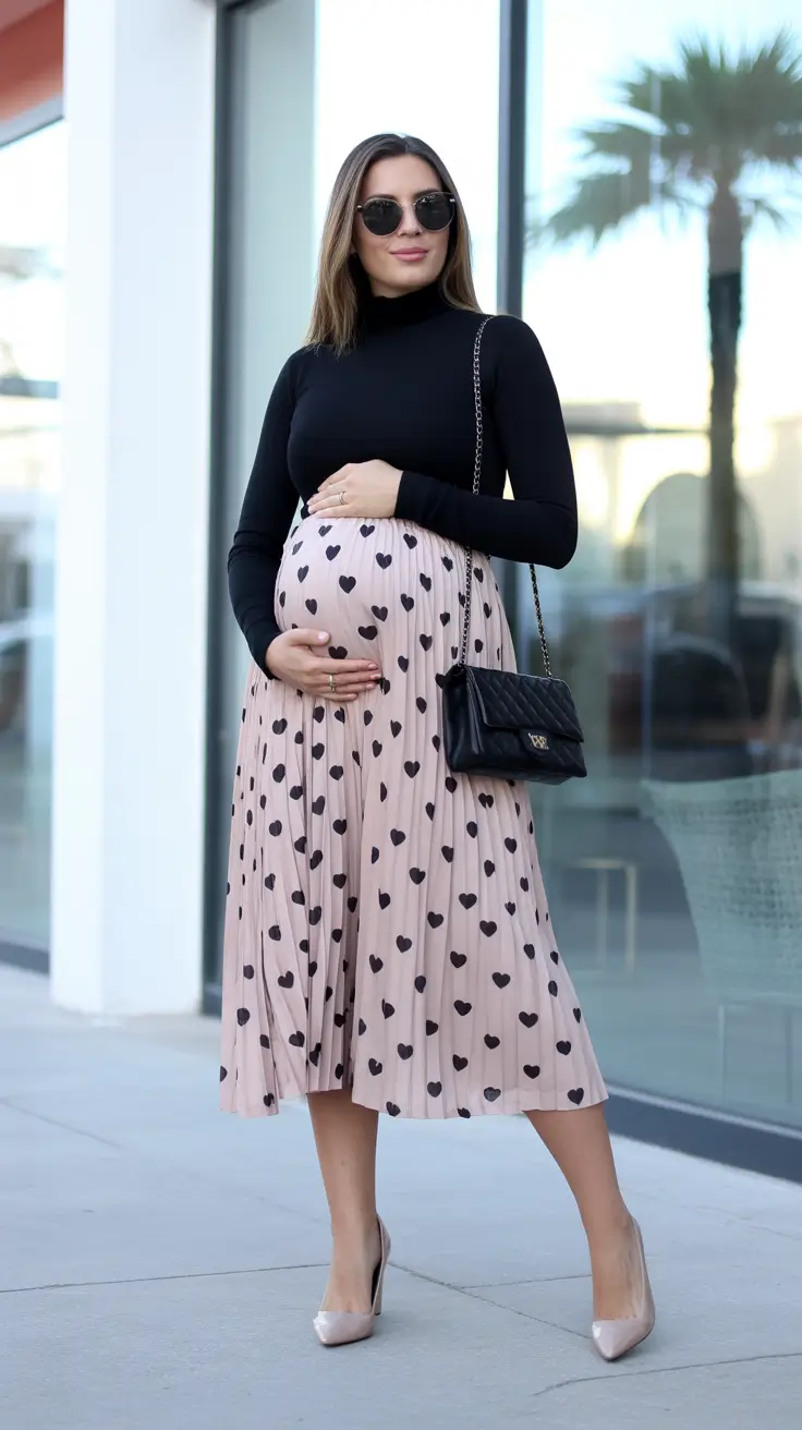 must-have spring outfit for pregnant women 2026 - Heart-Print Whimsy with Modern Elegance