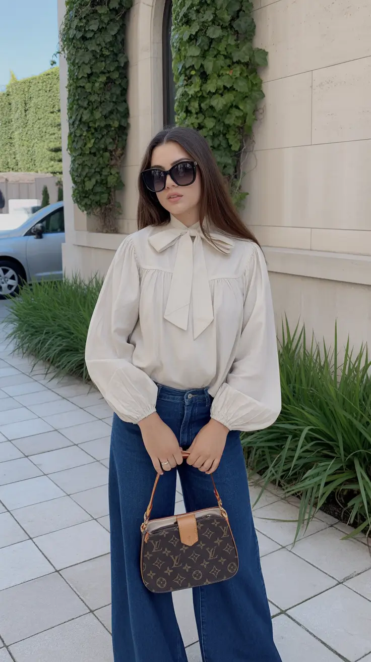 old money spring outfits 2026 A Bow-Blouse Classic With Wide-Leg Denim