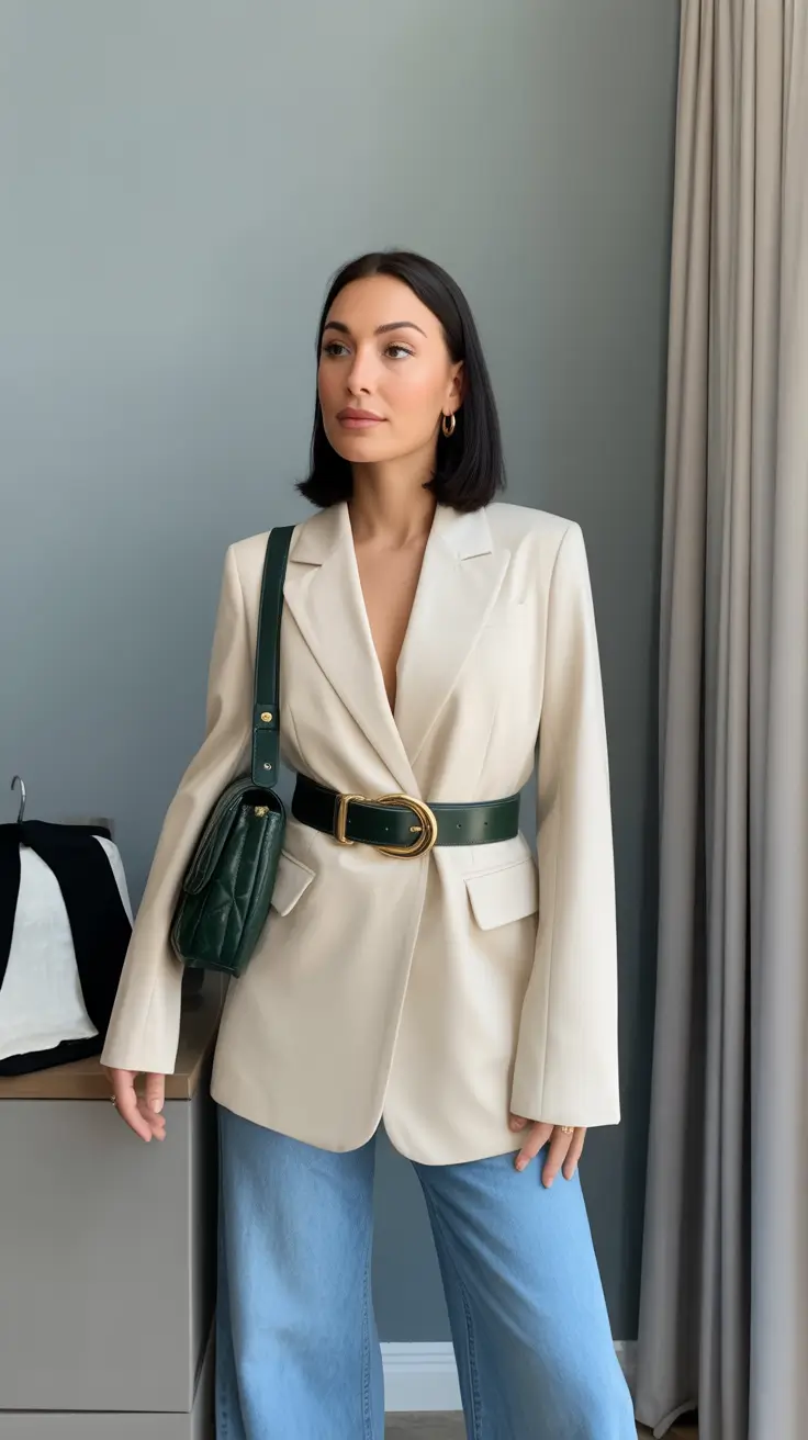 old money spring outfits 2026 Structured Cream Blazer With Rich Green Accents