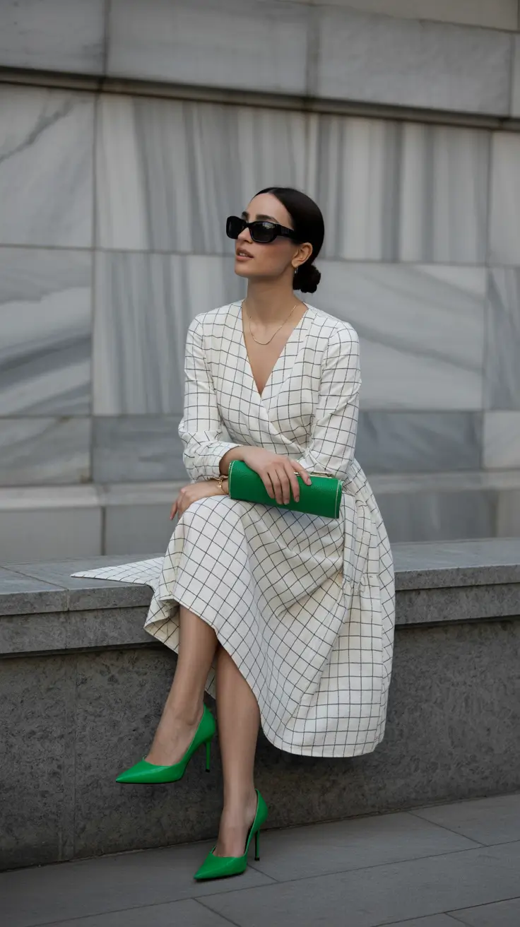 old money spring outfits 2026 Grid-Pattern Elegance With a Pop of Botanical Green