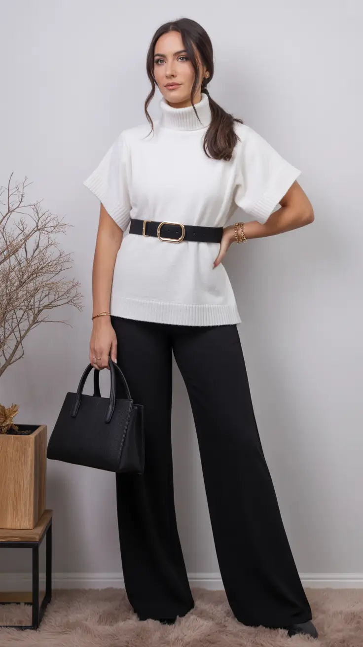 old money spring outfits 2026 Crisp White Knit and Wide-Leg Black Trousers