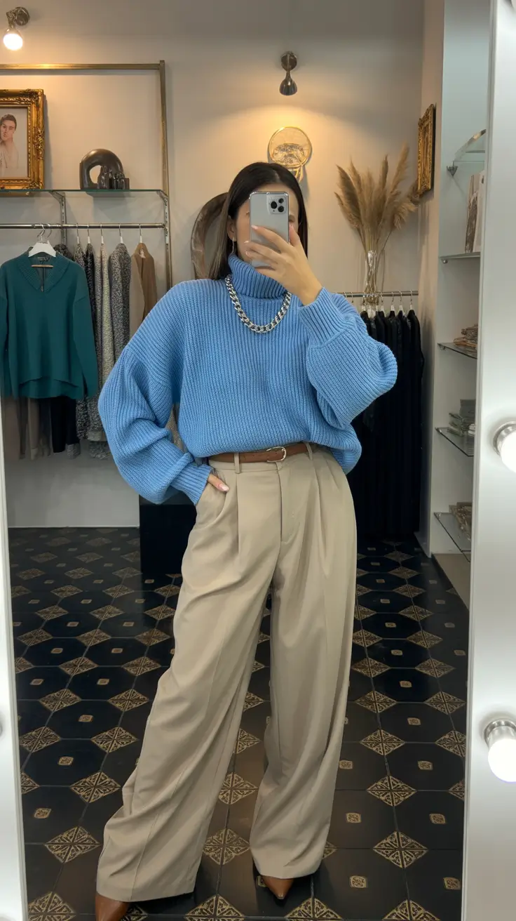 old money spring outfits 2026 Powder-Blue Knit and Tailored Beige for Refined Comfort