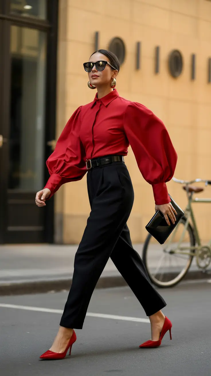Top spring office outfits 2026 Red Statement Sleeves With Classic Tailoring