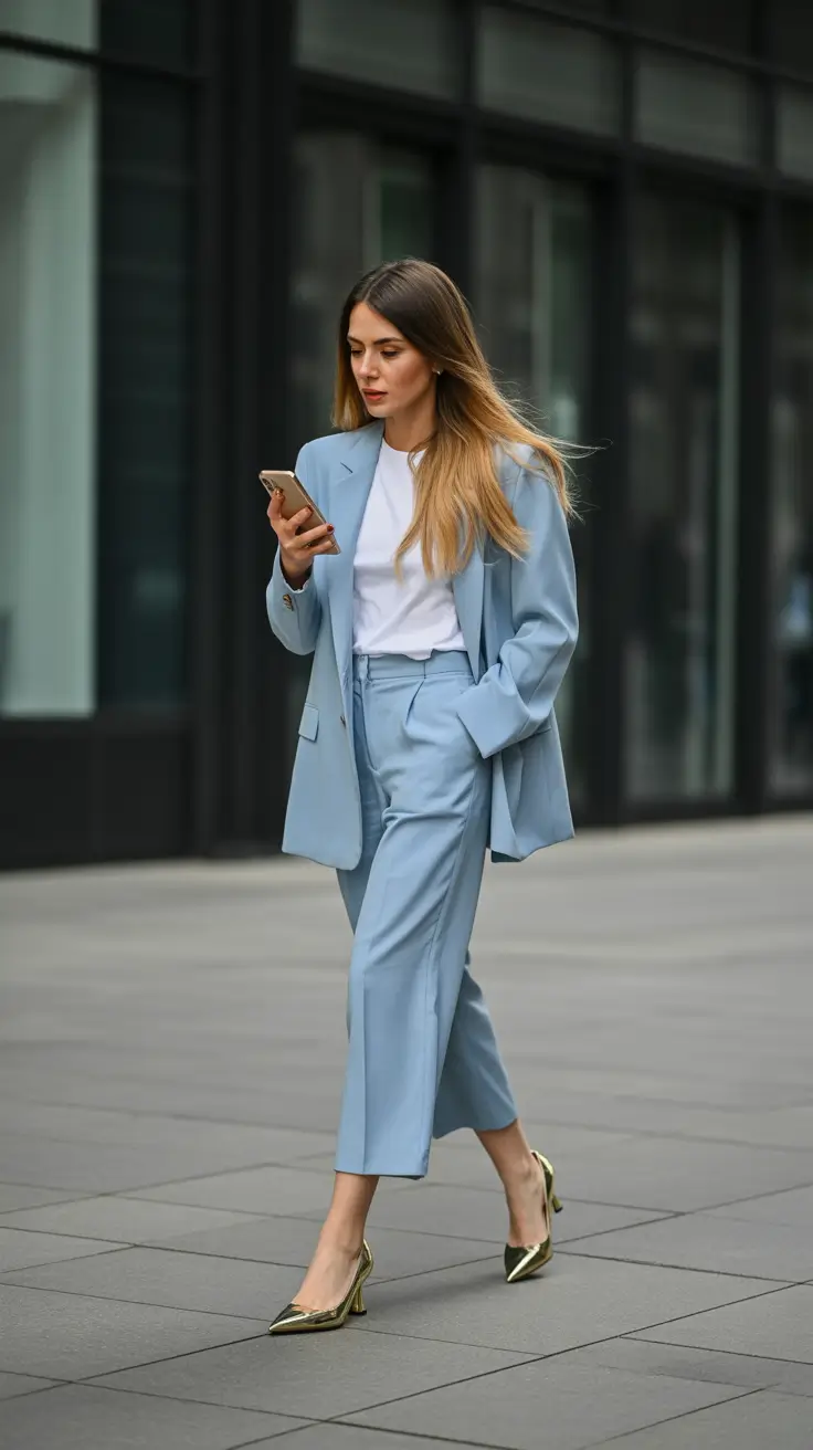 Top spring office outfits 2026 Soft Blue Suiting for Modern Spring Minimalists