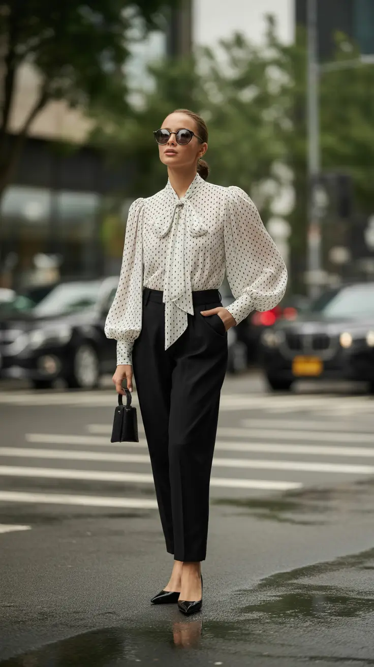Top spring office outfits 2026 Polka-Dot Elegance With Tailored Precision