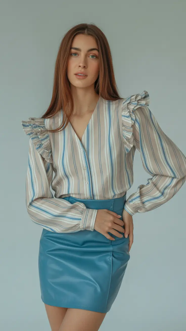 Top spring office outfits 2026 Striped Ruffles With Modern Blue Leather