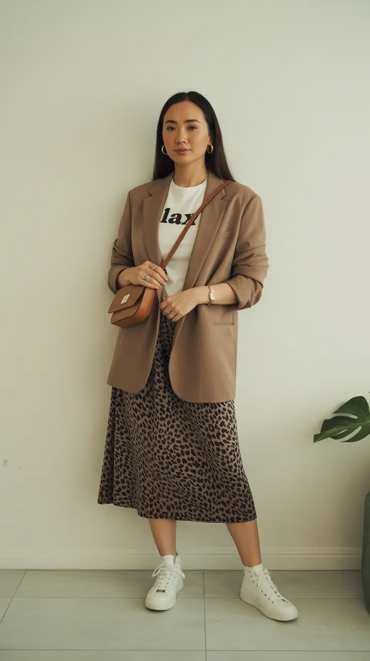 spring outfits women over 40 2026 Leopard Skirt Ease with Soft Blazer Structure