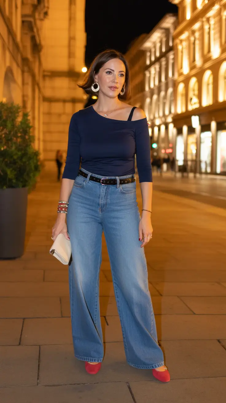 spring outfits women over 40 2026 Night-Out Denim with a Modern Twist