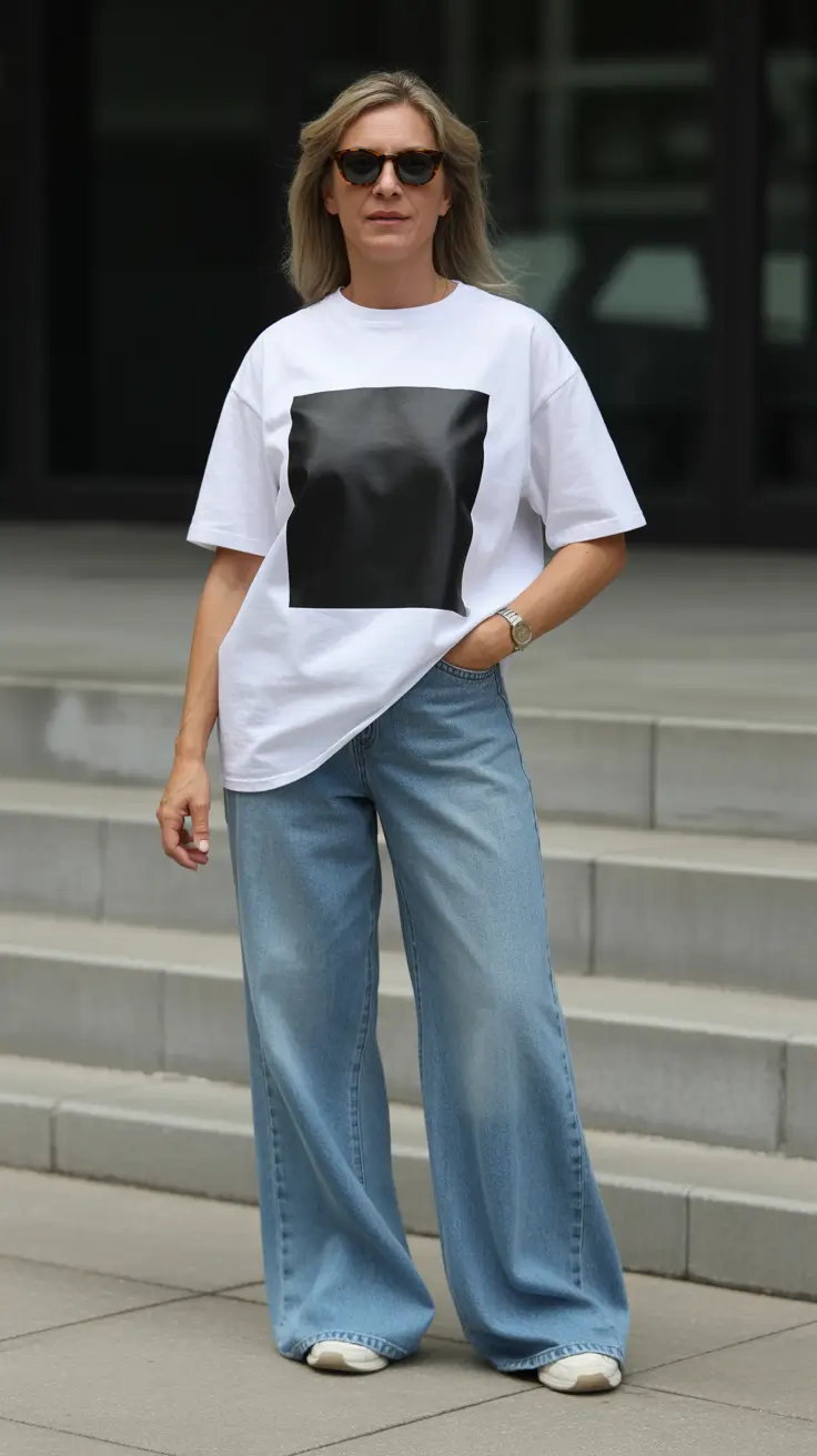 spring outfits women over 40 2026 Oversized Tee and Wide-Leg Jeans Formula