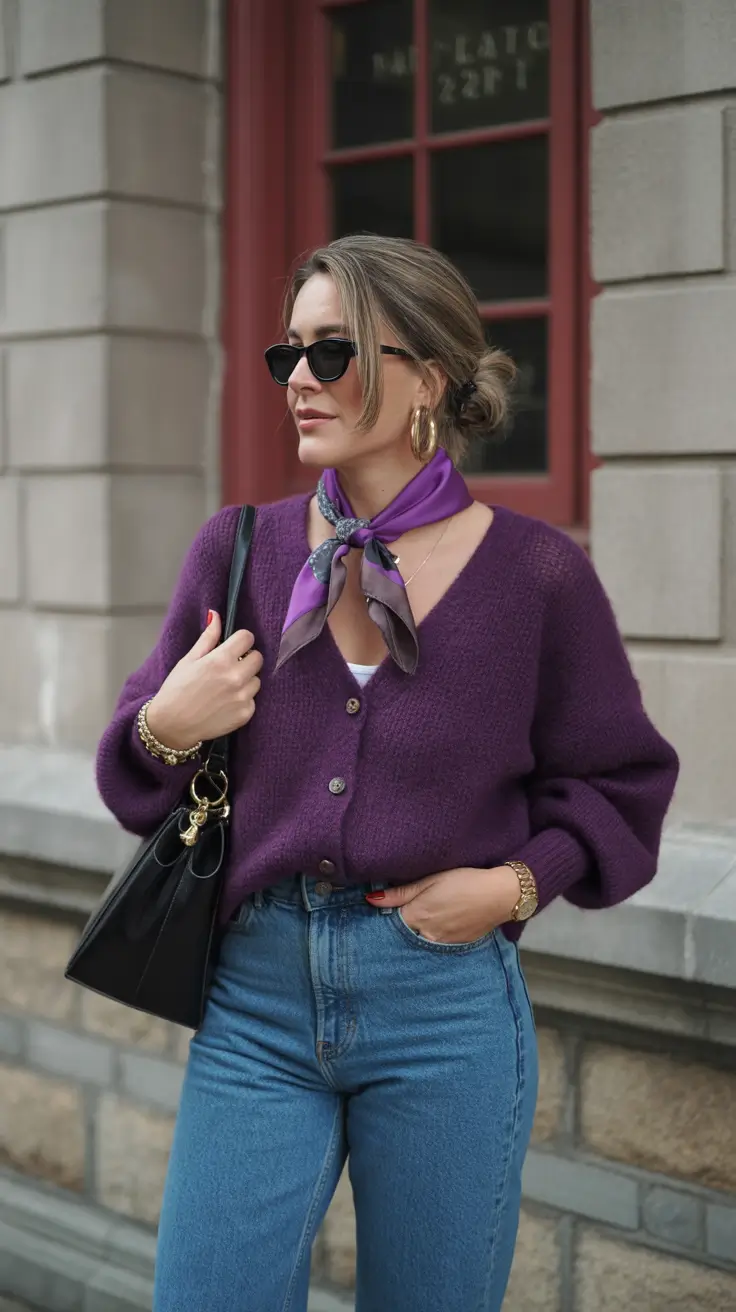 spring outfits women over 40 2026 Purple Cardigan Chic with a Touch of Parisian Ease