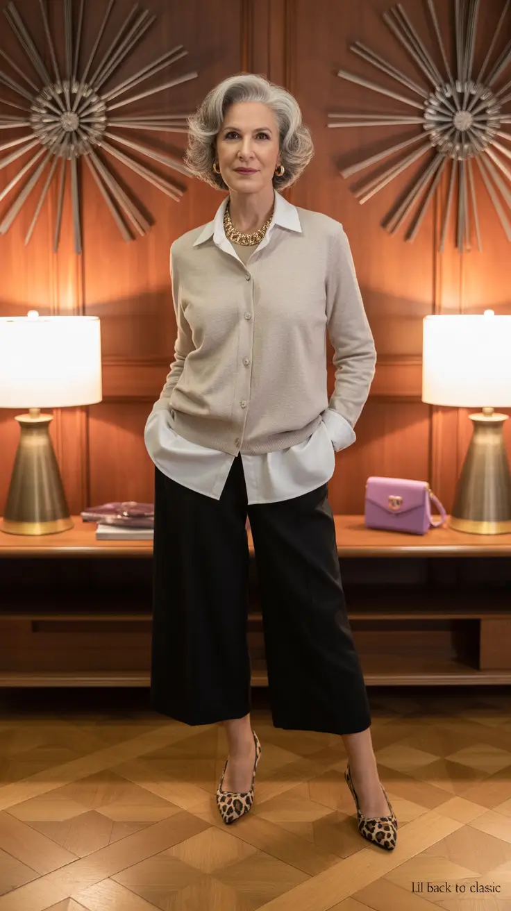 outfits for women over 50 spring - Cropped Classics With Soft Neutrals and Leopard Accents