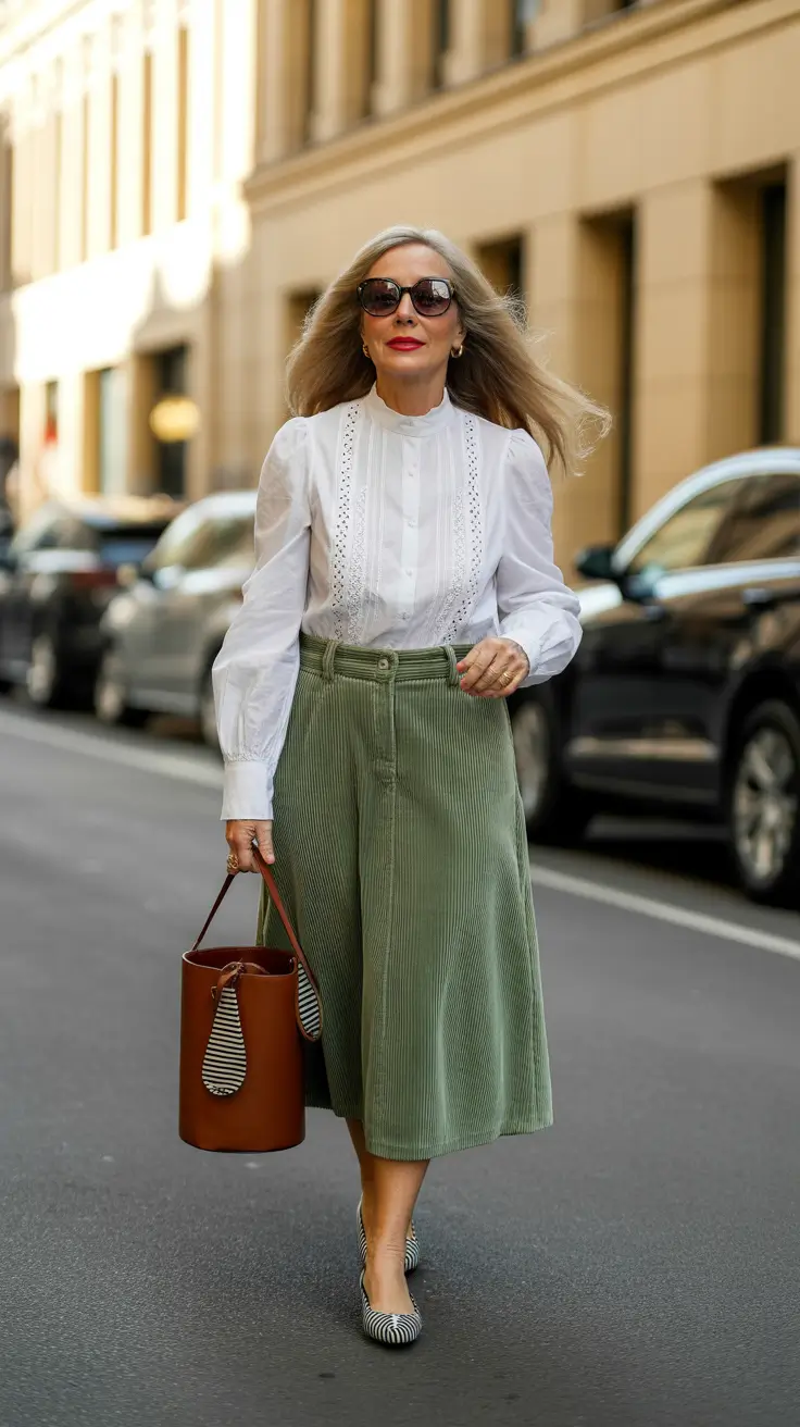 outfits for women over 50 spring - Soft Corduroy Midis and Romantic Spring Whites