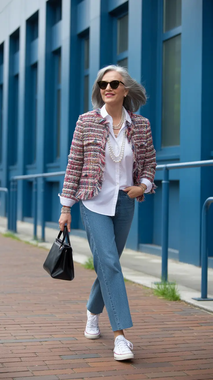 outfits for women over 50 spring - Tweed Textures and Laid-Back Denim for Chic Spring Walks