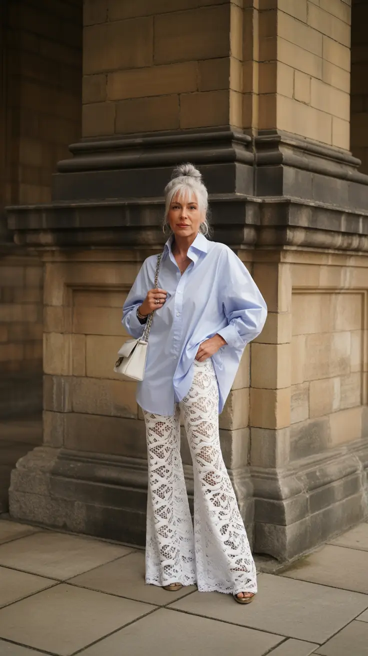 outfits for women over 50 spring - Lace Statement Pants With an Oversized Classic Shirt