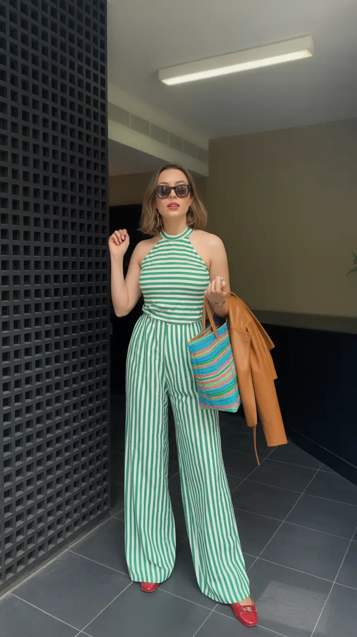 spring travel outfits 2026 - Playful Green Stripes for Sun-Drenched Days