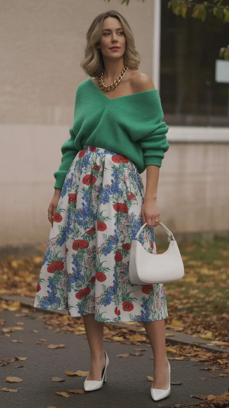 spring travel outfits 2026 - Botanical Skirt and Cozy Knit for Romantic Spring Days
