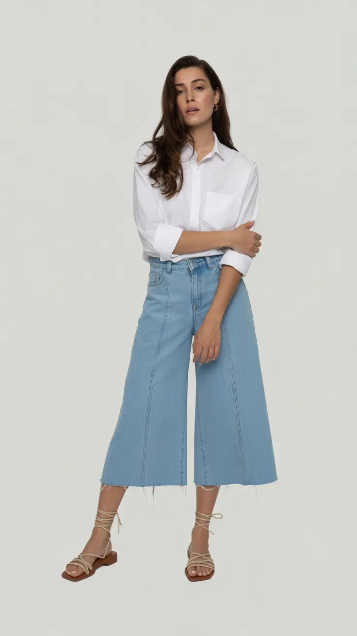 spring wardrobe 2026 Denim Culottes and Classic White Simplicity