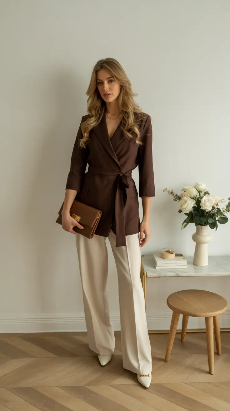spring wardrobe 2026 Chocolate Wrap Elegance with Soft Neutrals