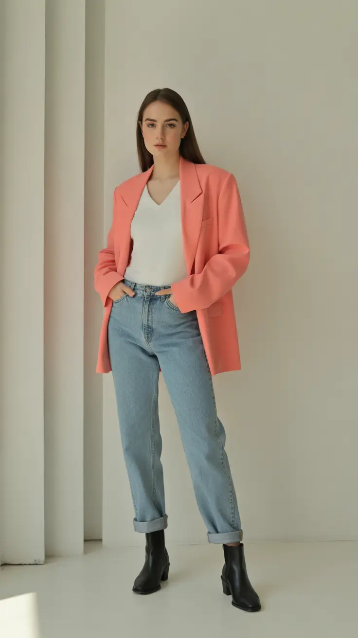 spring wardrobe 2026 Soft Coral Blazer with Effortless Denim