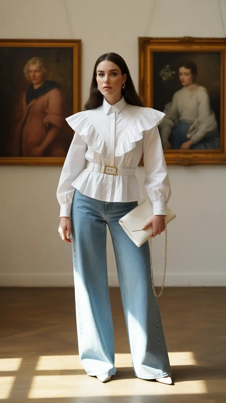 spring wardrobe 2026 Ruffled White Elegance with Denim Balance