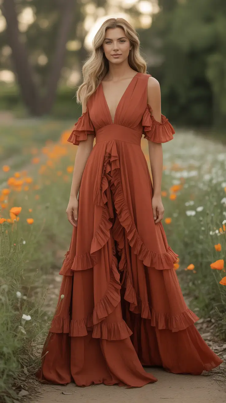 spring wedding outfits for guest Terracotta Romance With Soft Bohemian Ruffles