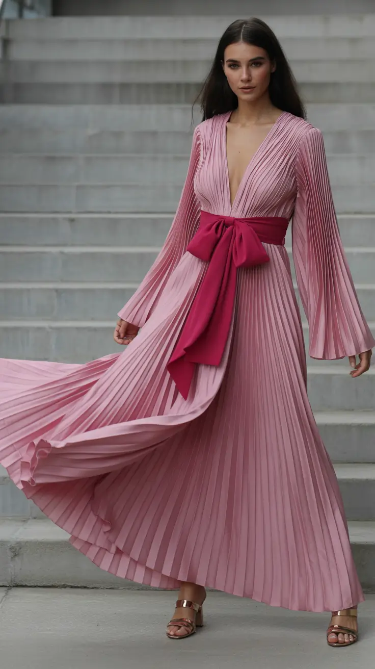 spring wedding outfits for guest Pleated Pink Grace With a Bold Waist Bow