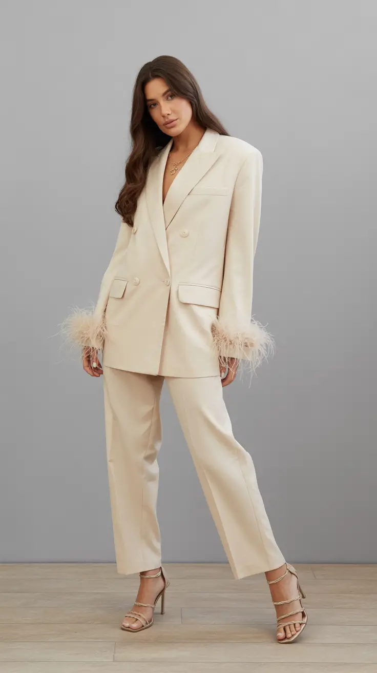 spring wedding outfits for guest Soft Ivory Suiting With Feather-Kissed Details