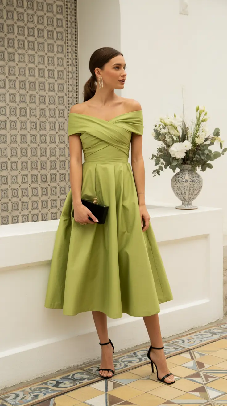 spring wedding outfits for guest Lime Elegance With Sculpted Off-Shoulder Charm