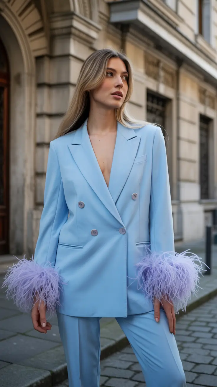 spring wedding outfits for guest Chic Suiting With Feathered Charm